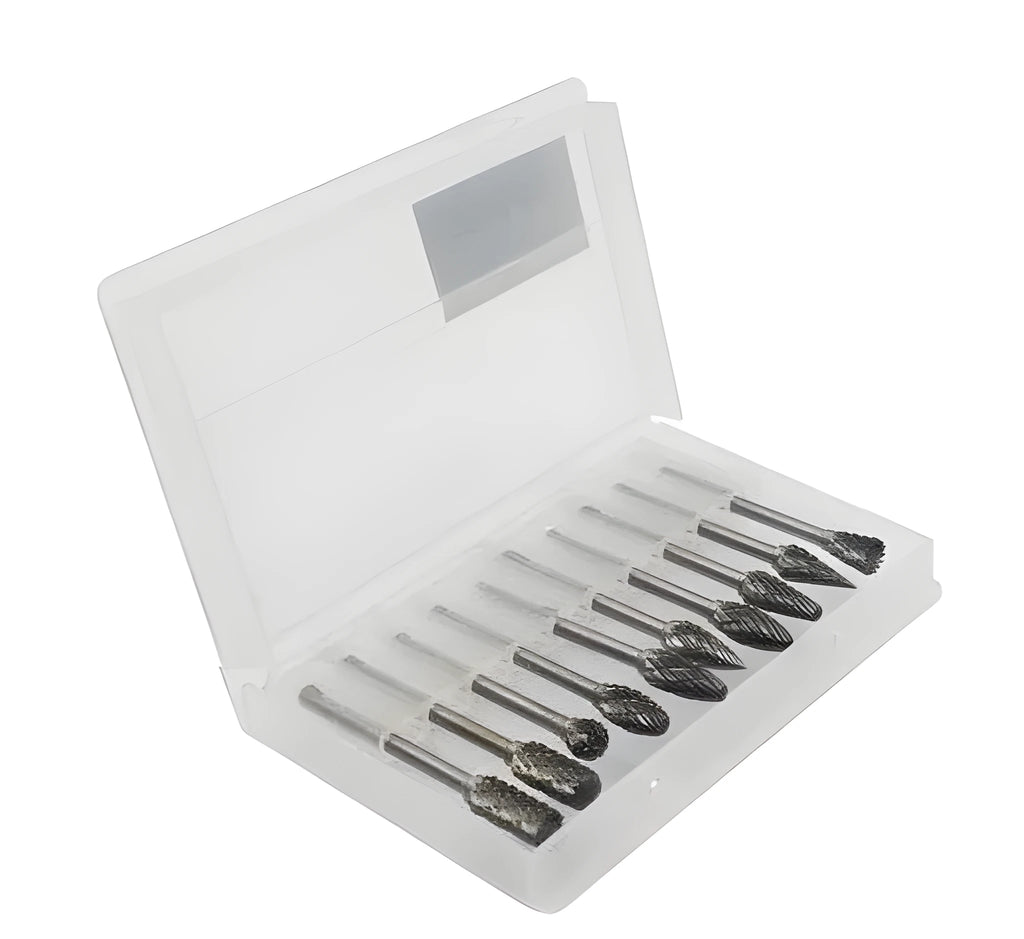 Ten tungsten steel carbide rotary burrs with 6mm head and 3mm shank arranged on a white background