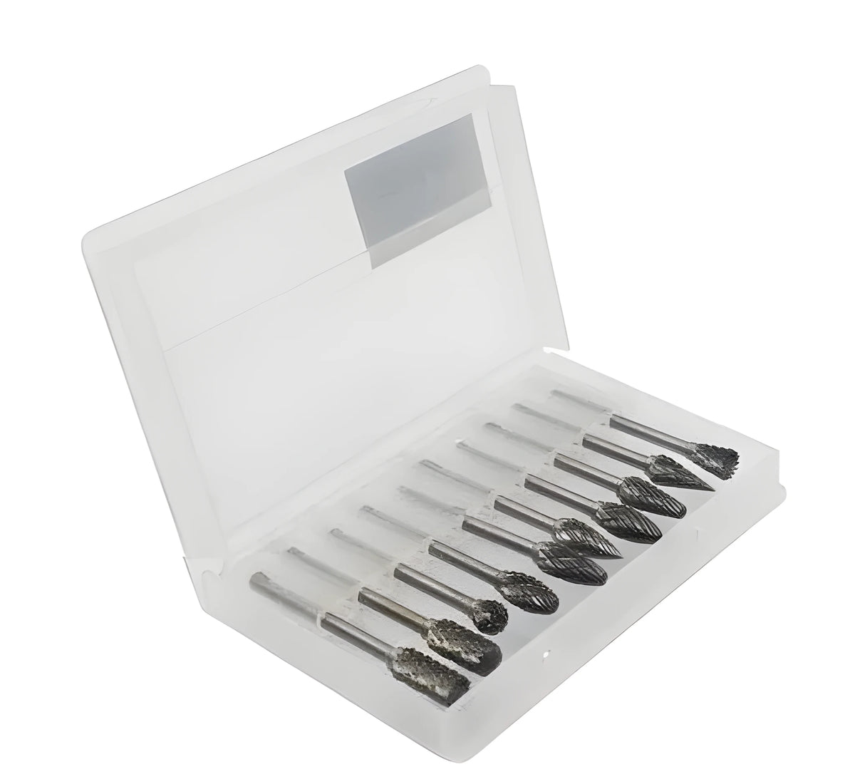 Ten tungsten steel carbide rotary burrs with 6mm head and 3mm shank arranged on a white background