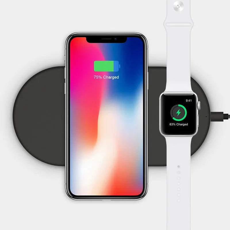 2 in 1 QI wireless charging dock for iPhone, Apple Watch and Android, 174mm x 88mm x 9.5mm, black or white