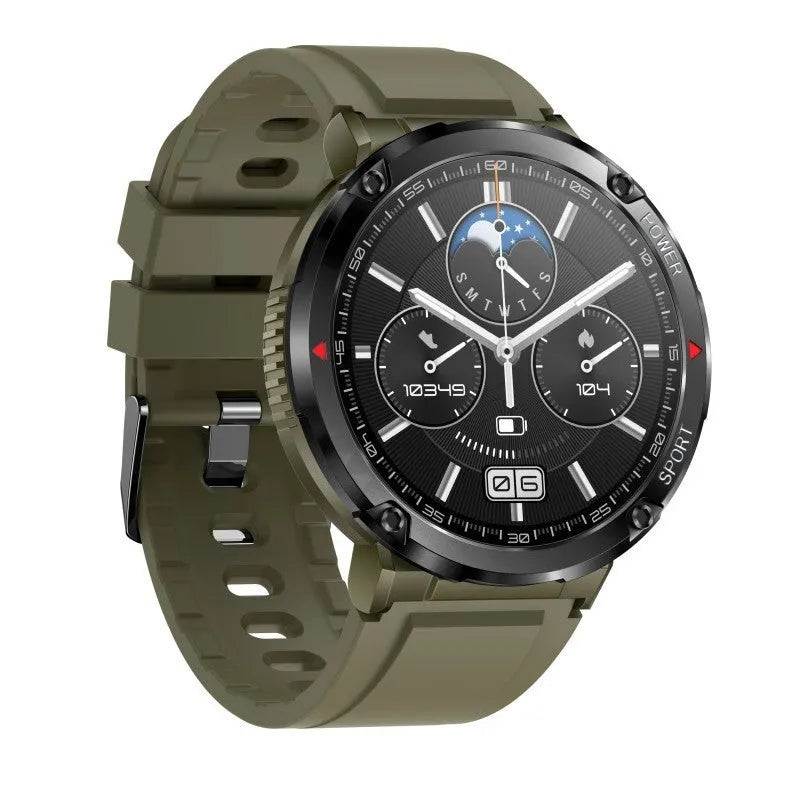 T30 Smart Watch with black silicone strap showing time on circular IPS touch screen
