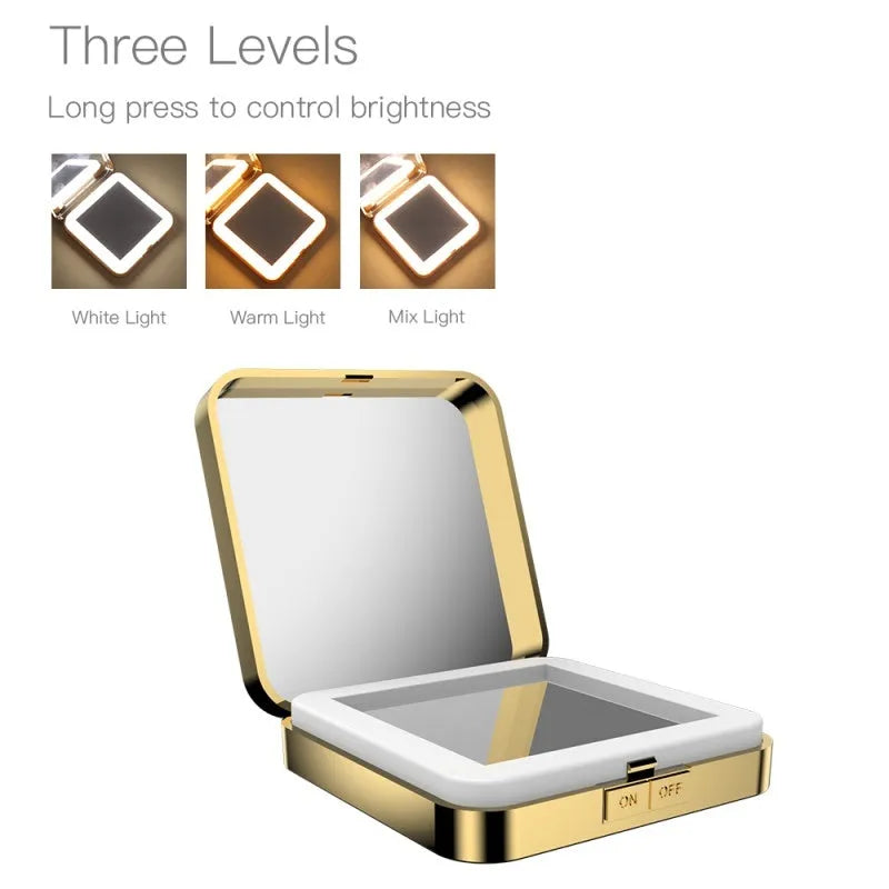 Black and white lighted makeup mirror showing dual HD and 4x magnification panels with adjustable LED lighting.
