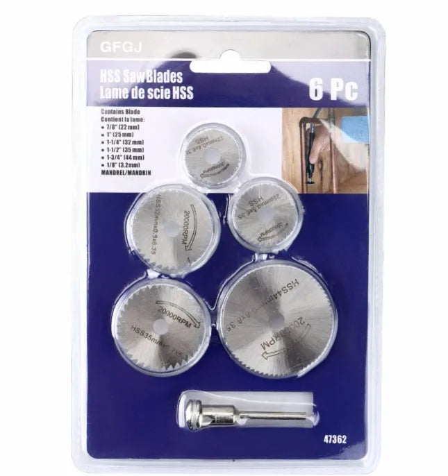 Circular saw blade set with mandrel, 6-piece high-speed steel blades for woodworking