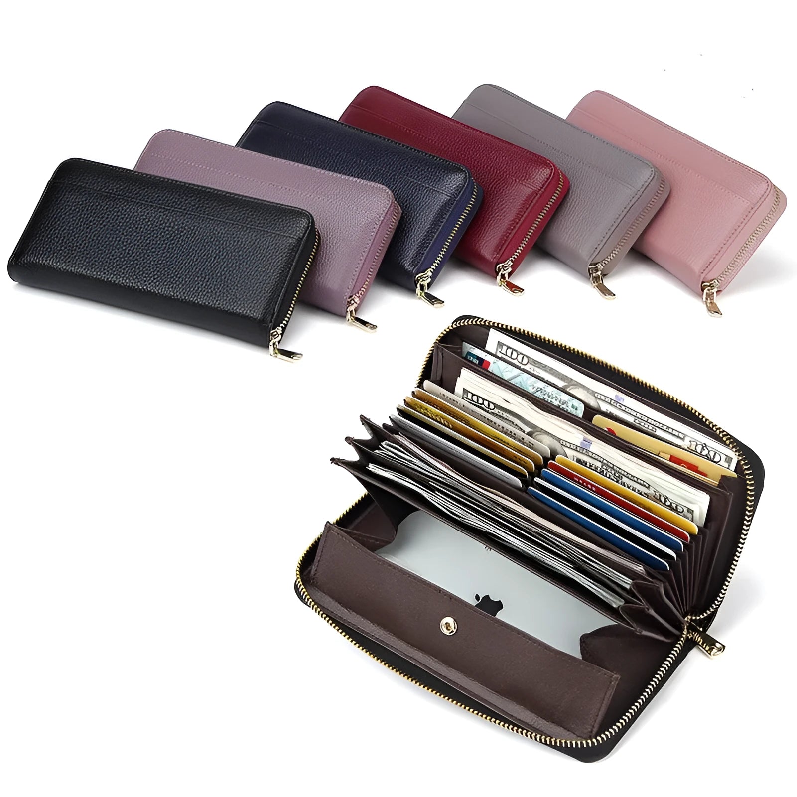 Genuine leather long wallet for women in choice of solid colours, showing large capacity design