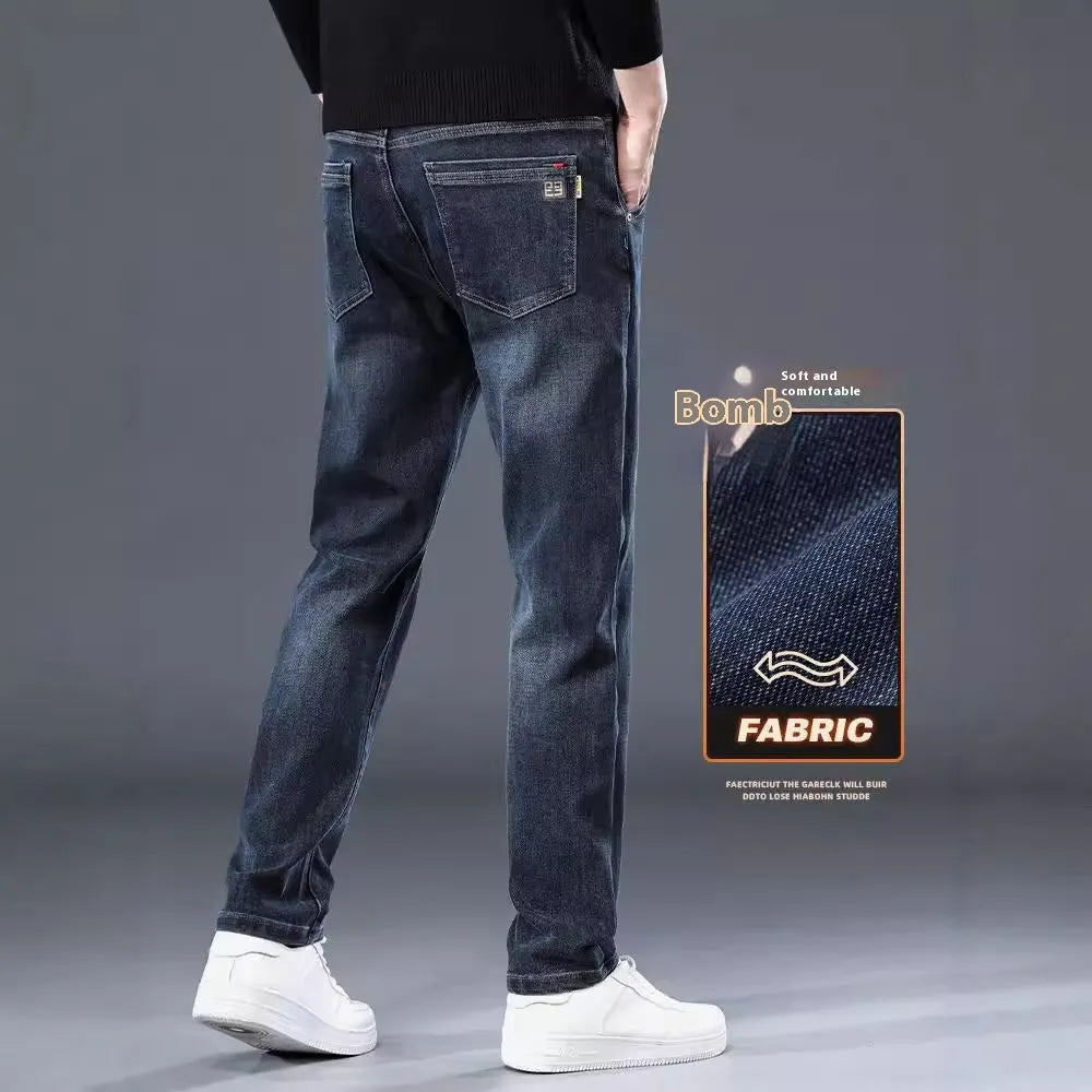 Blue grey slim straight casual trousers with micro-elastic polyester fabric and mid-waist design