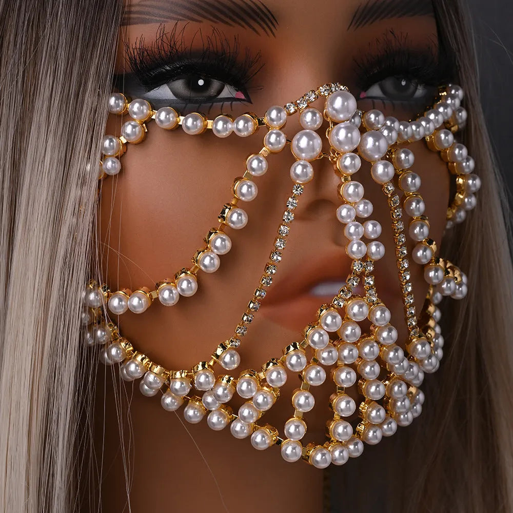 Geometric party mask with alloy frame and rhinestone decoration in silver or gold electroplated finish