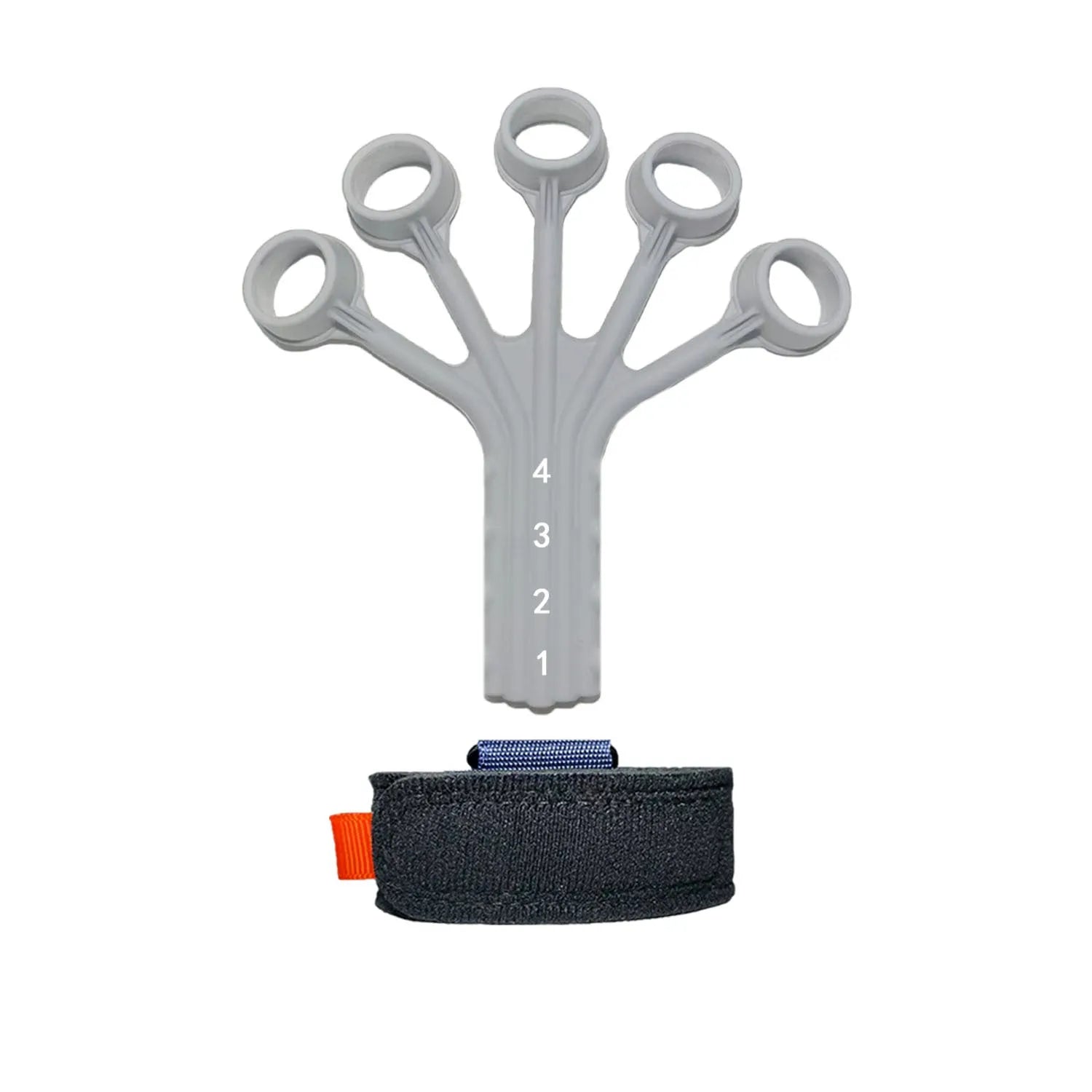 Black and grey silicone finger trainer with adjusting belt for rehabilitation and abdominal exercises.