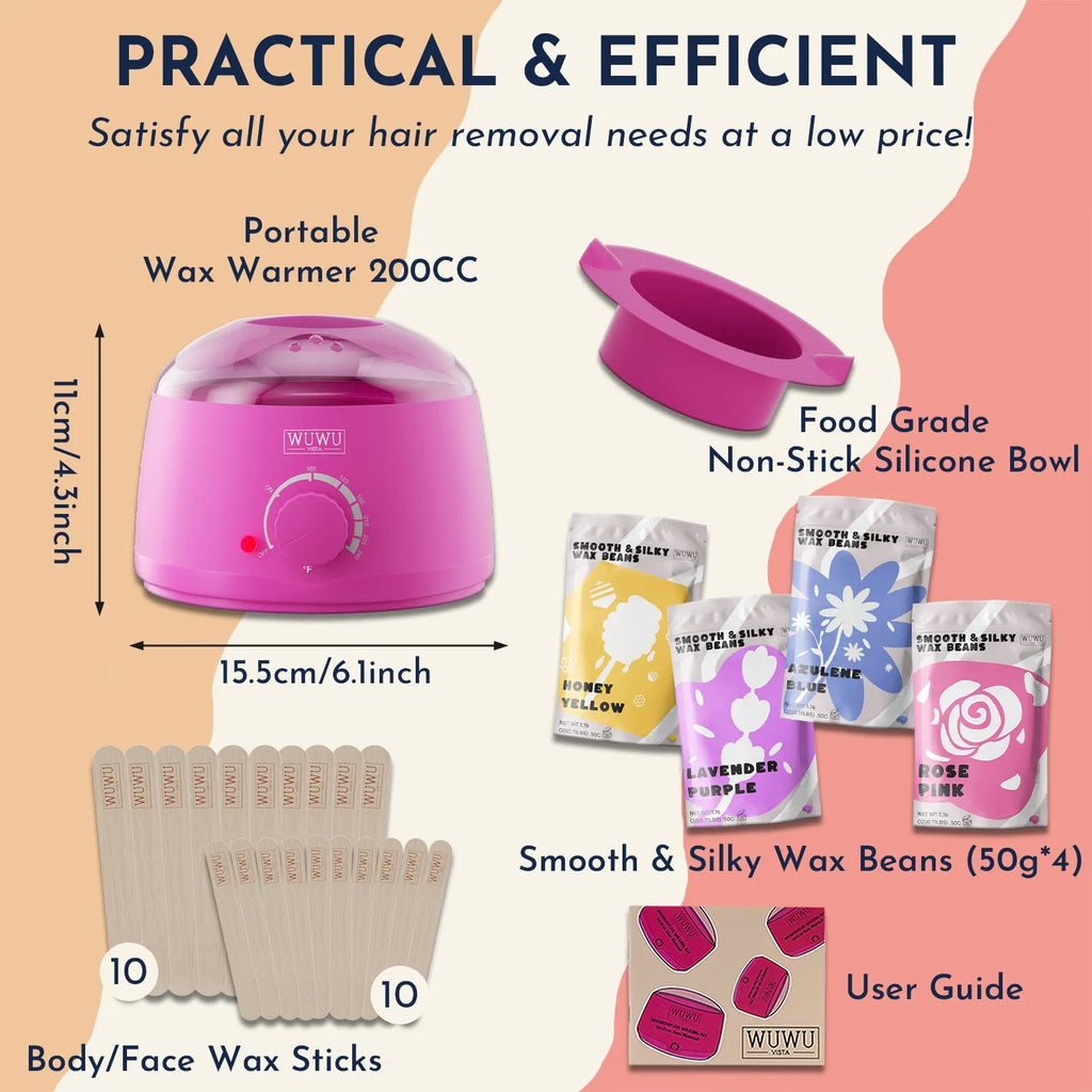 27-piece hair removal wax kit showing four coloured wax beads, wax warmer machine, and applicator sticks