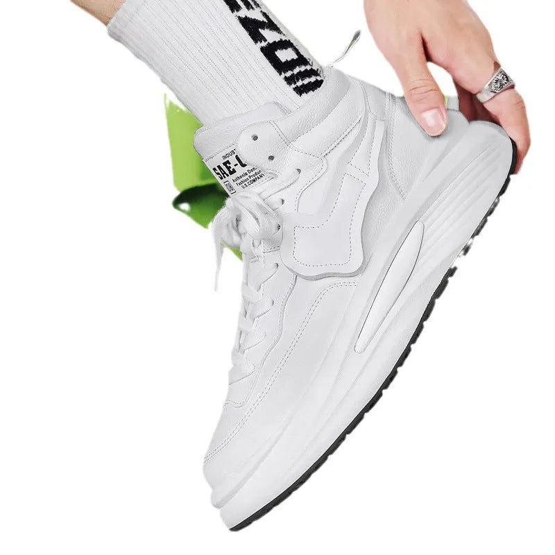 Men's black and white platform high-top board shoes with artificial PU upper and round toe