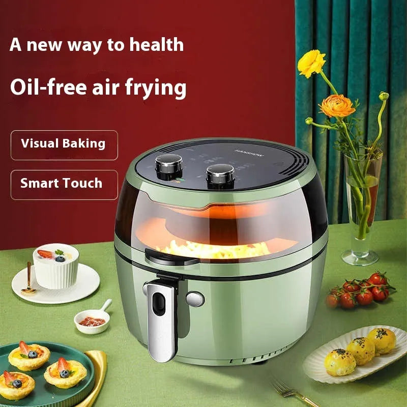 8-litre capacity air fryer oven with visible cooking window and mechanical button controls