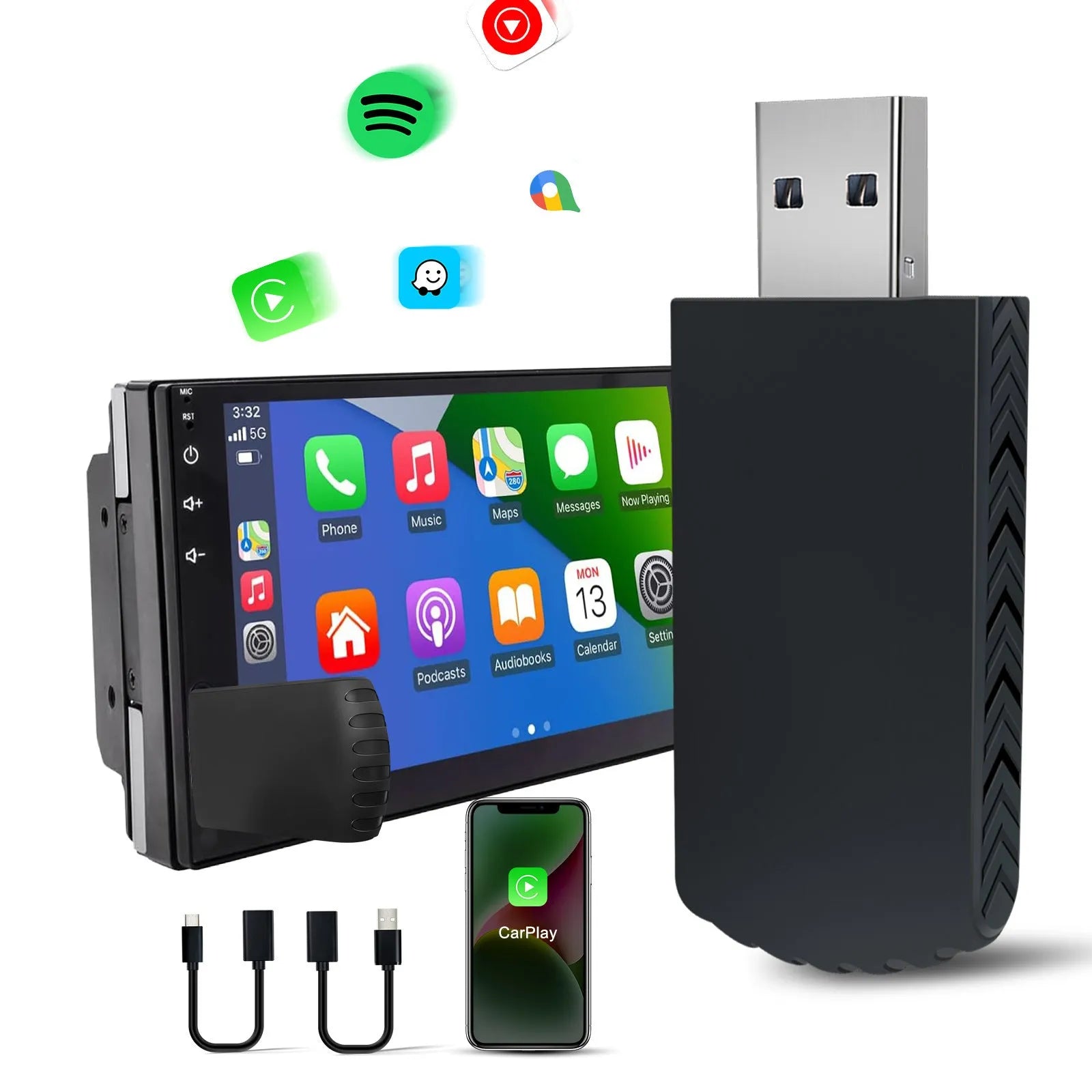 Compact ABS PC wireless CarPlay adapter module measuring 40x20x12mm for 2017+ vehicles