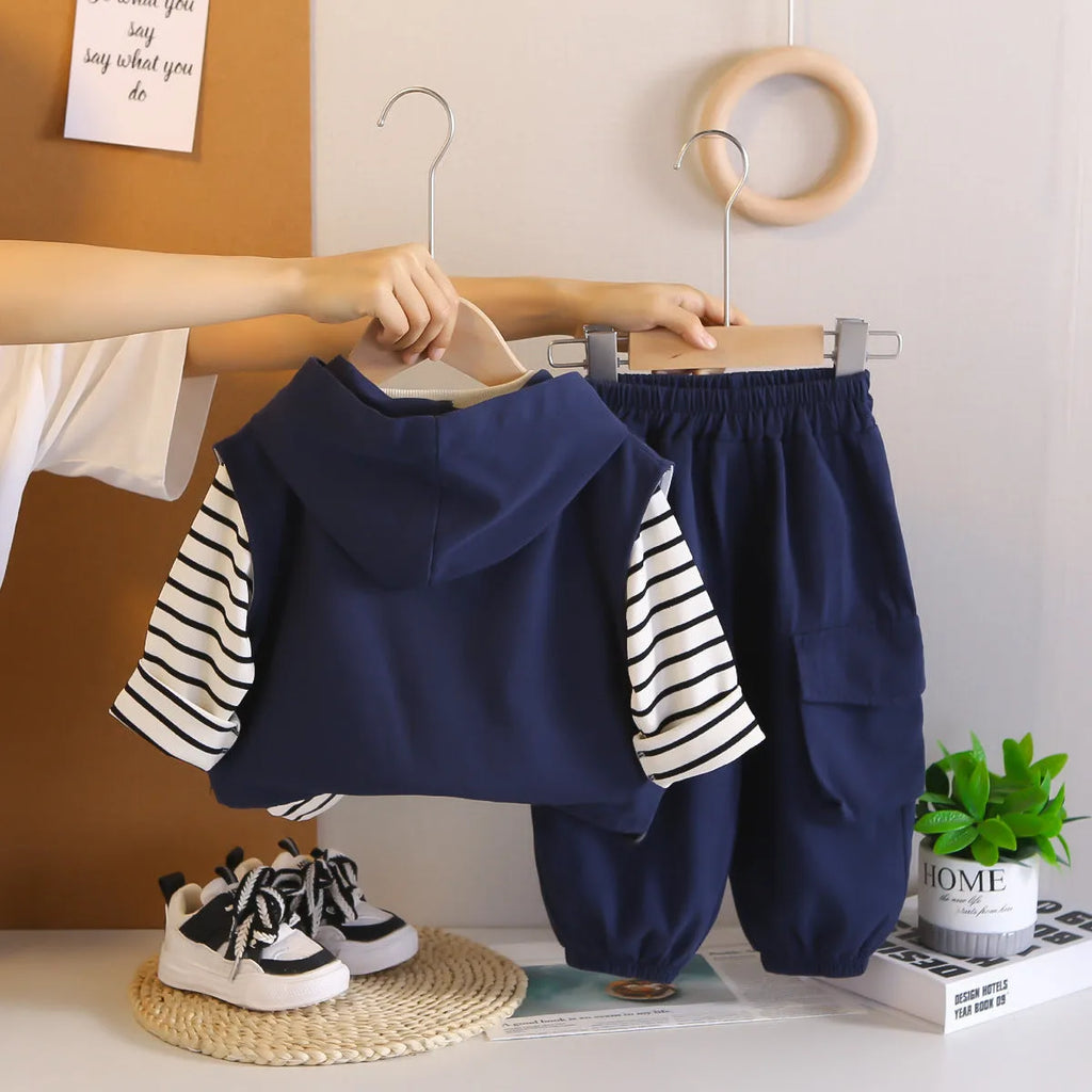 Boys cotton striped hoodie vest and trousers three-piece set in beige showing front view