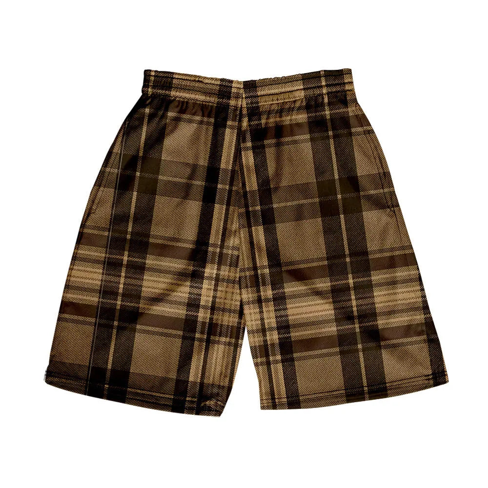 Man wearing plaid patterned casual shorts with an elastic waistband, straight legs, and a digital print design.