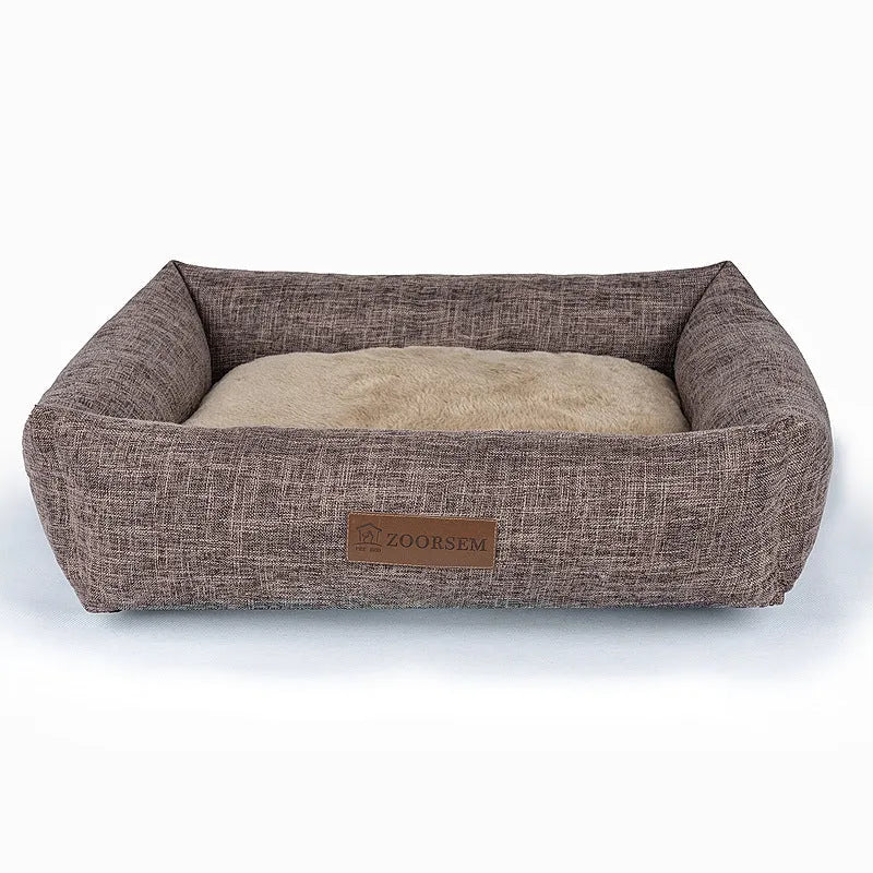 Square linen cloth dog bed for autumn and winter in grey, brown, or plaid colours.