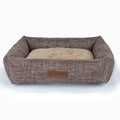 Square linen cloth dog bed for autumn and winter in grey, brown, or plaid colours.