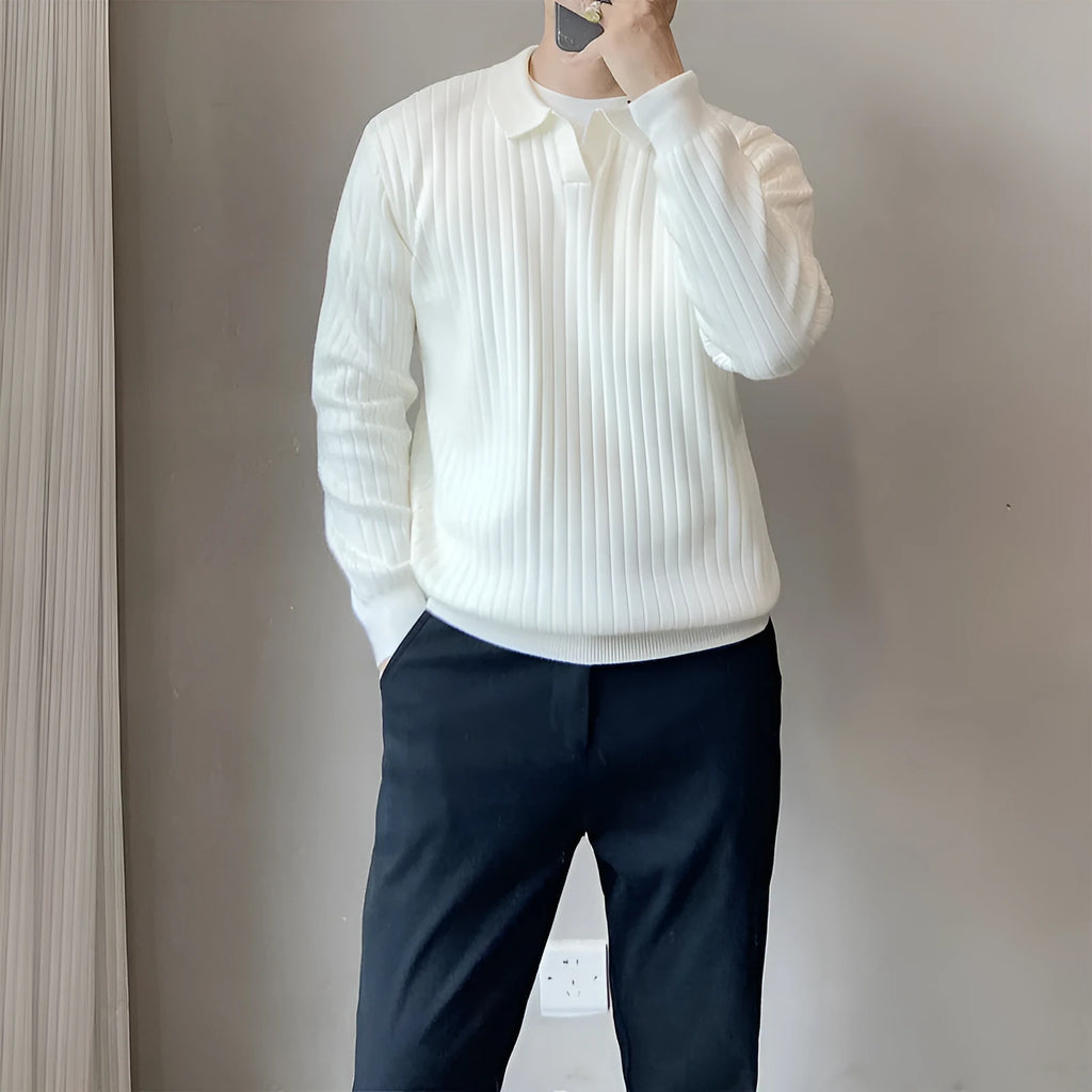 A boys' loose striped pullover sweater with a lapel collar, shown in a light grey colour.