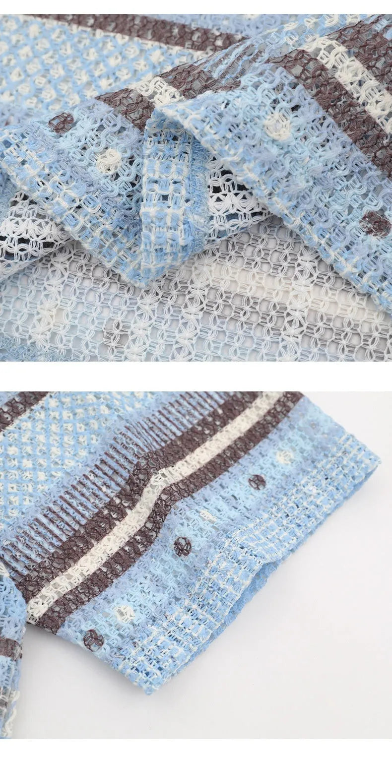 Men's blue printed casual shirt with short sleeves and loose fit