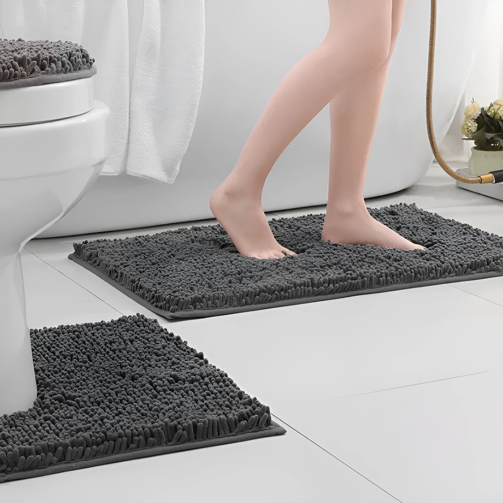 Chenille long hair U-shaped three-piece bathroom toilet carpet set in modern simplicity style
