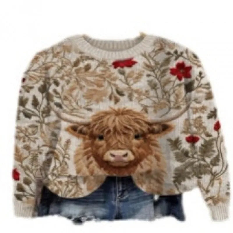 Women's round neck sweater with a small floral digital print pattern.