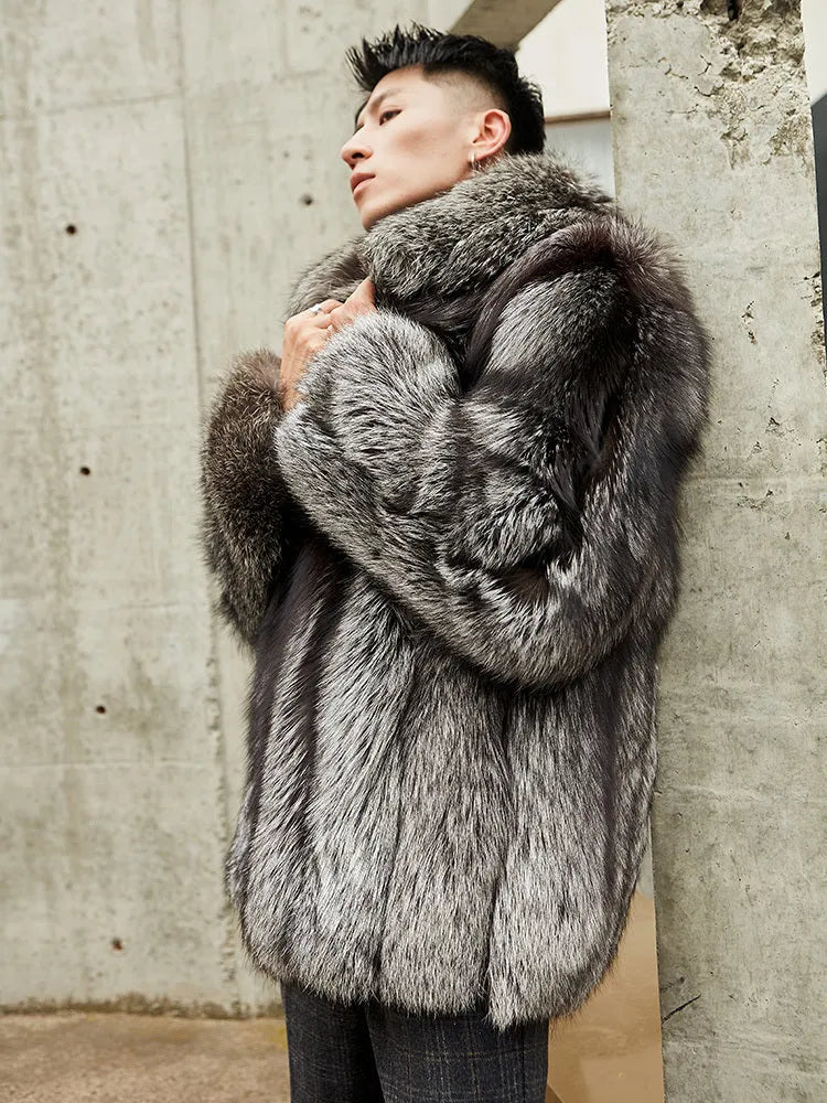 Men's fox fur winter jacket in silver beige with lapel collar, shown in size M to 3XL