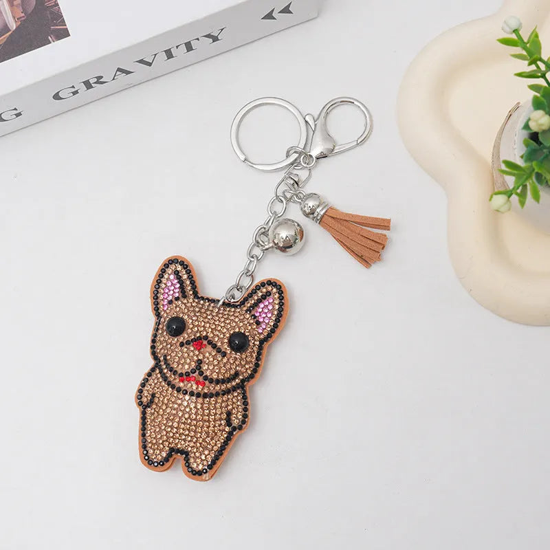 French dog cartoon design rhinestone keychain with alloy tassel pendant in caramel colour