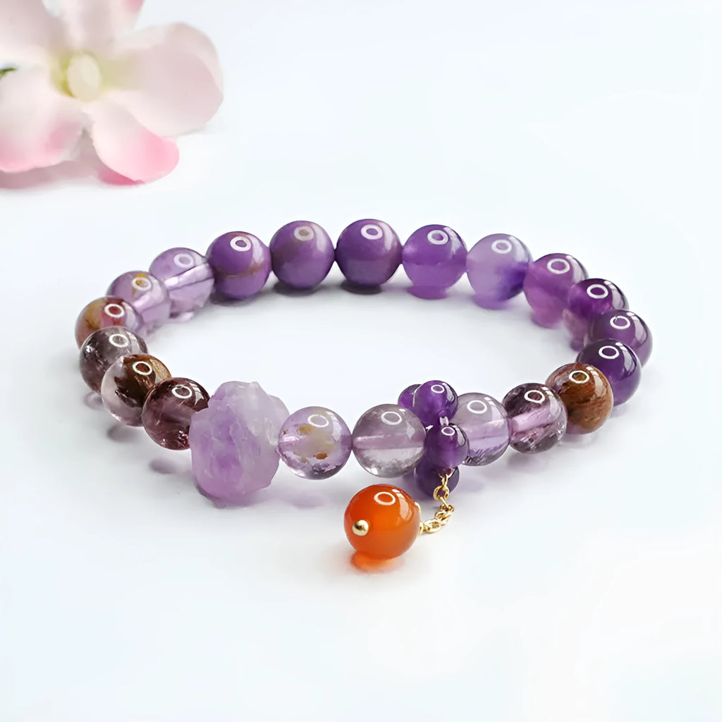 Natural nine purple fire Duobao crystal bracelet with amethyst beads and red agate accents in Mori style