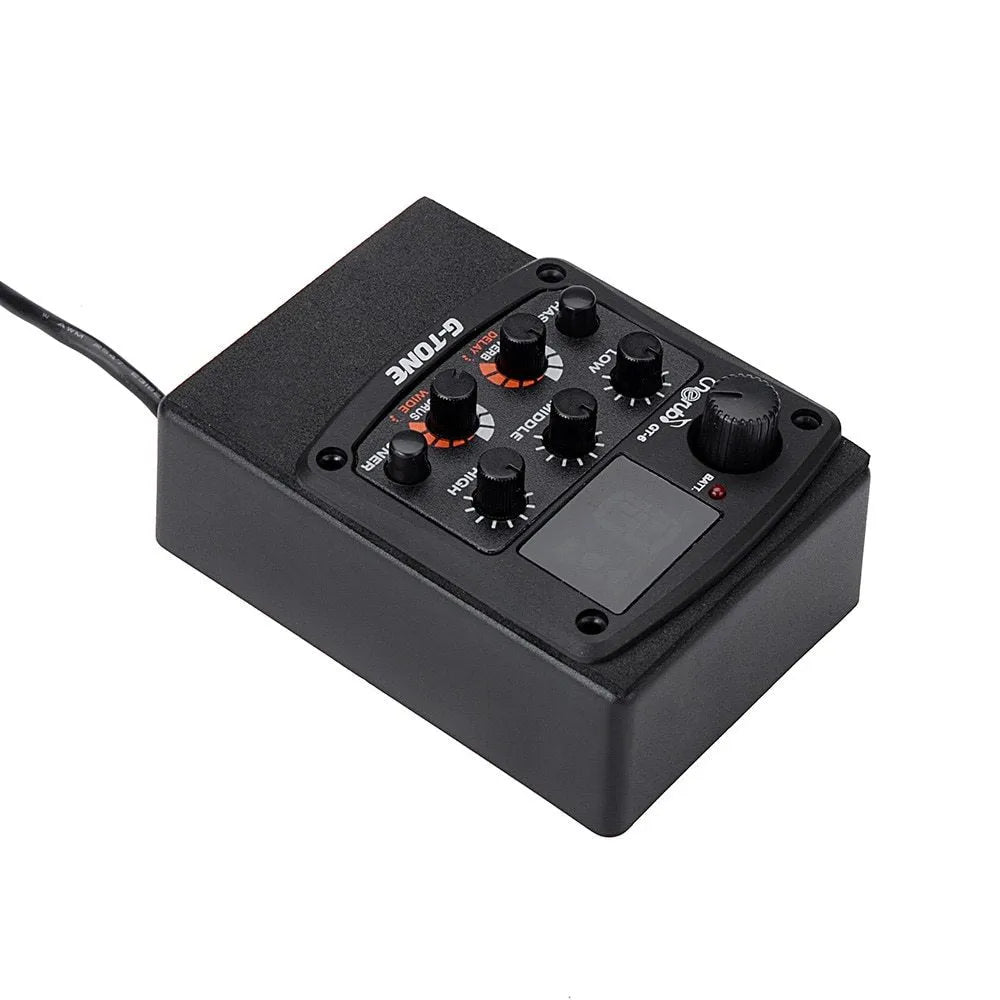 Cherub GT-6 black acoustic guitar EQ pickup unit with control knobs for volume, EQ and effects.