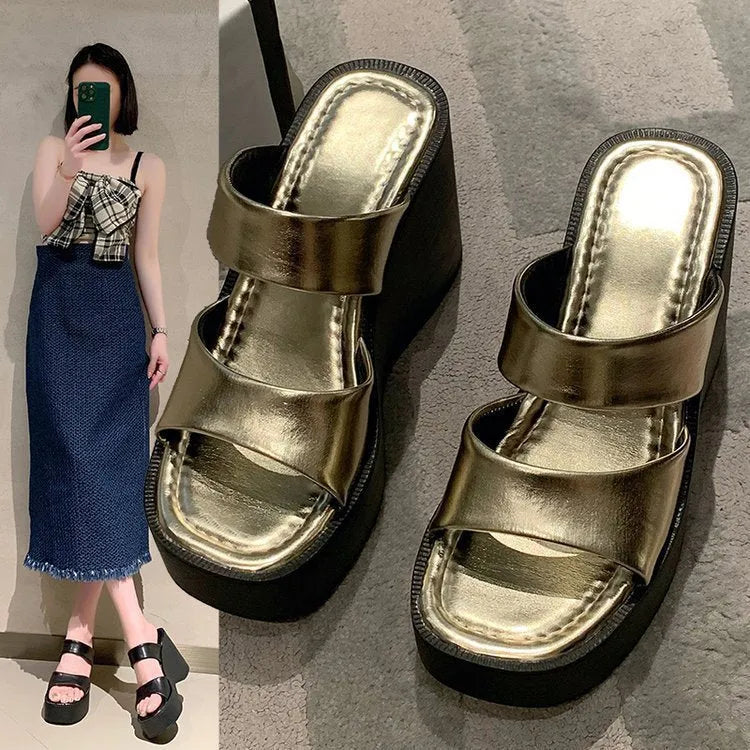 Women's black wedge platform high heel slippers with a square toe design