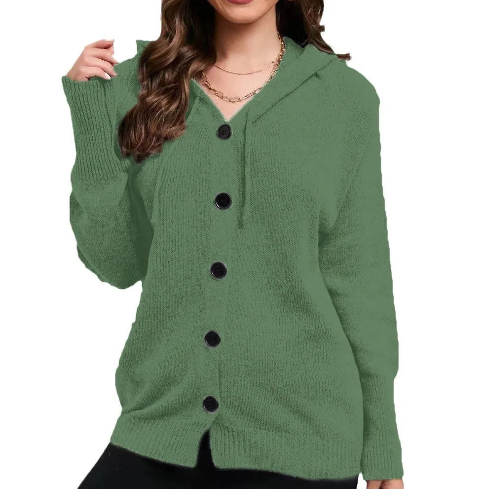 Women's loose fit hooded cardigan sweater in thick cotton, shown in a solid colour.