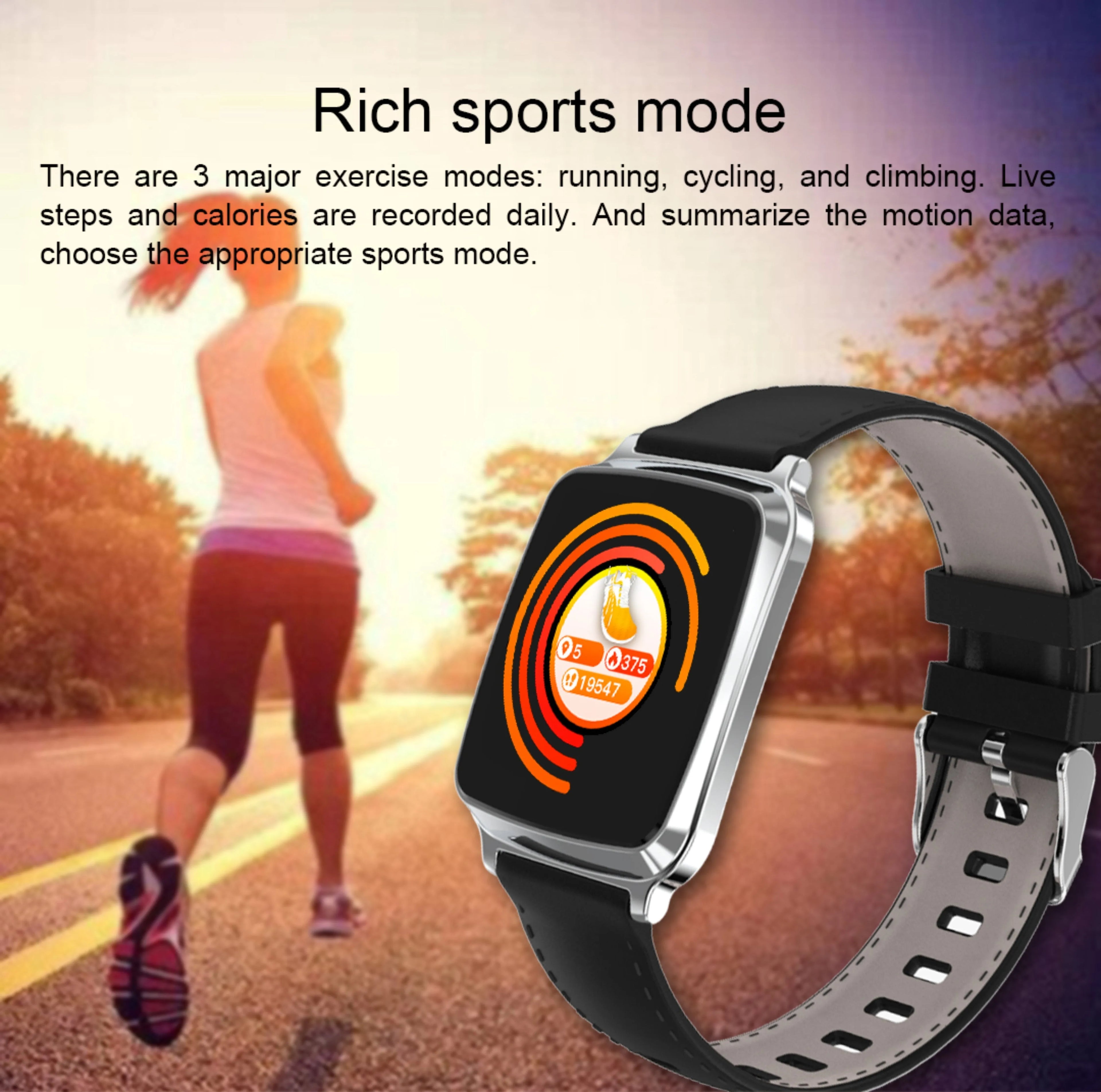 M8 smart fitness bracelet with touch screen shown in black, brown, gold, and silver colour options on a wrist.