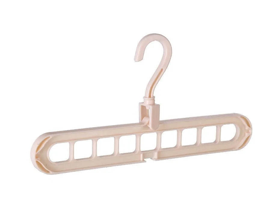 Plastic coat hanger with rotating hook in pink colour, showing length and height dimensions
