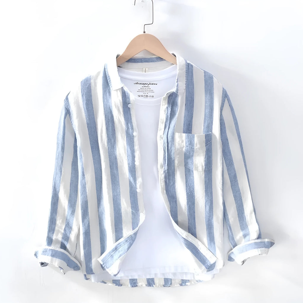 Men's loose fit Hong Kong style long sleeve shirt in blue or light grey polyester.