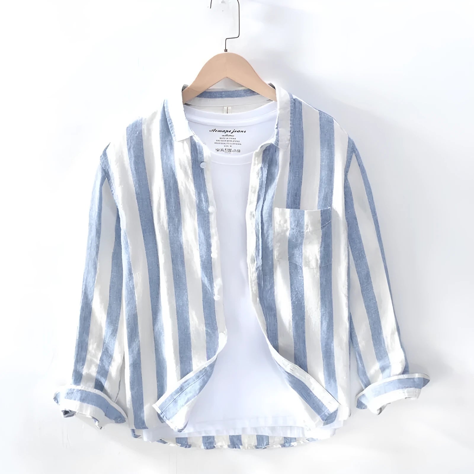 Men's loose fit Hong Kong style long sleeve shirt in blue or light grey polyester.