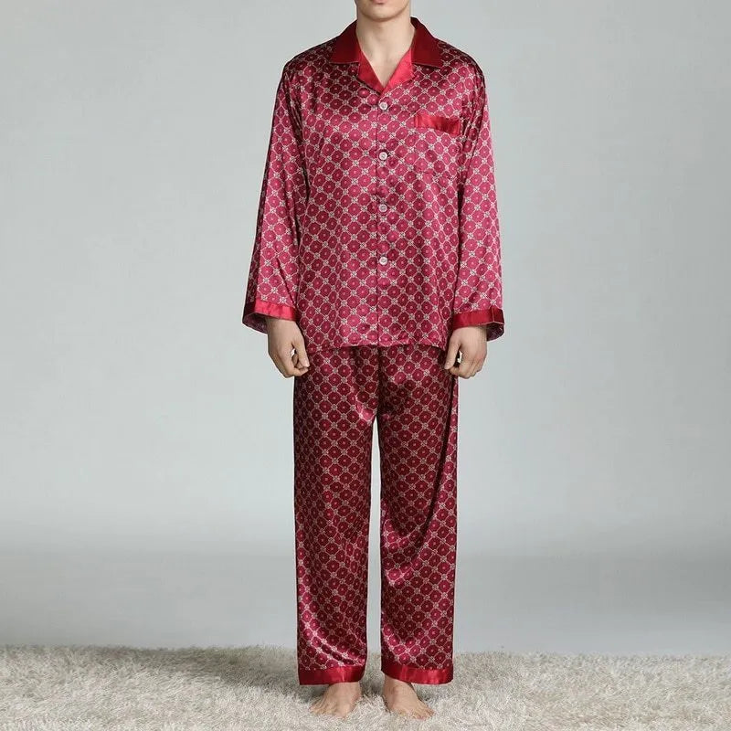 Men's printed long-sleeved pajama suit in imitation silk polyester fiber, cardigan style with V-neck lapel collar and matching trousers