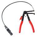 Red carbon steel flexible hose wire clamp measuring 390 by 190 by 35 millimetres on a white background