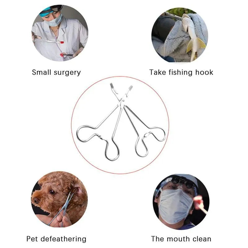 Silver stainless steel pet ear tweezers with curved tip and anti-slip handle on white background