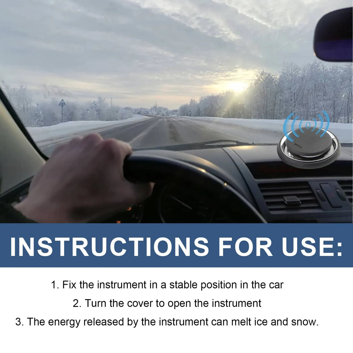 Compact black portable car deicing instrument for melting windscreen ice and snow.