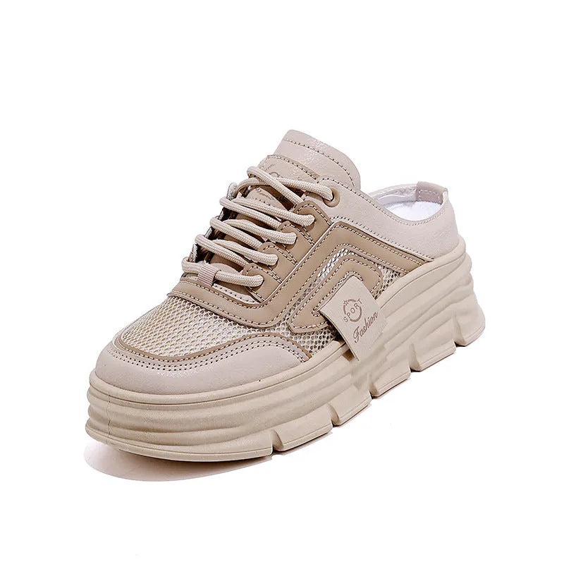 Women's mesh panel half slippers with round toe and height-increasing insole in black, khaki, and white colours
