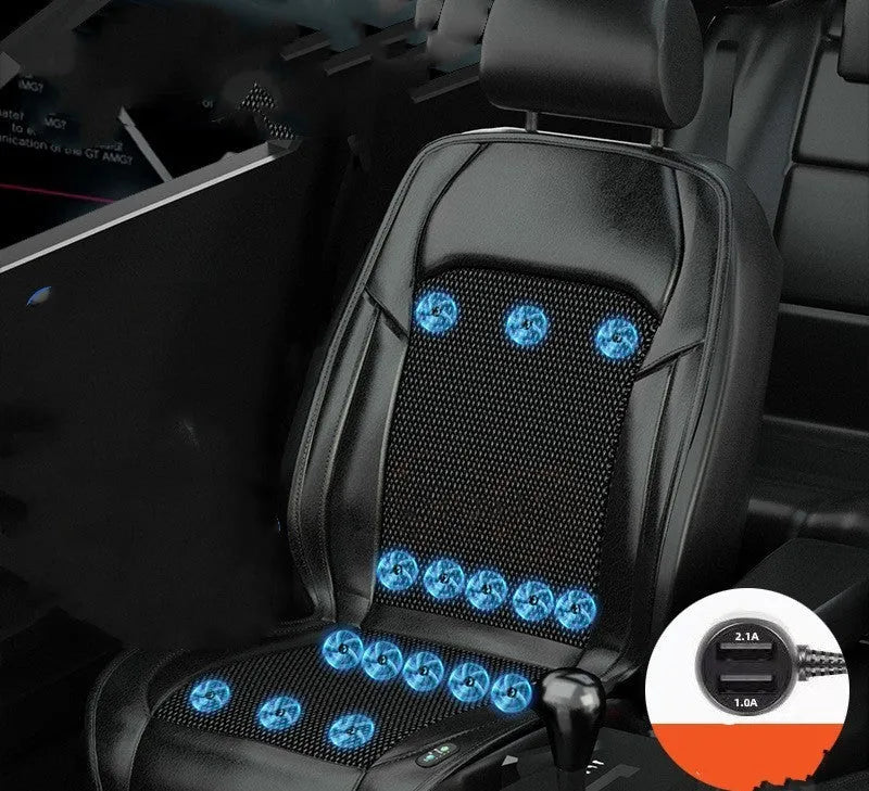 Black ventilated car seat cushion with multiple cooling fans, connected to a 12V car plug.