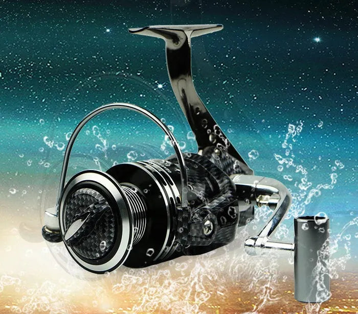 Full metal spinning reel with 13+1 bearings, high-hard aluminium alloy wire cup, and metal foot, snake skin plating finish