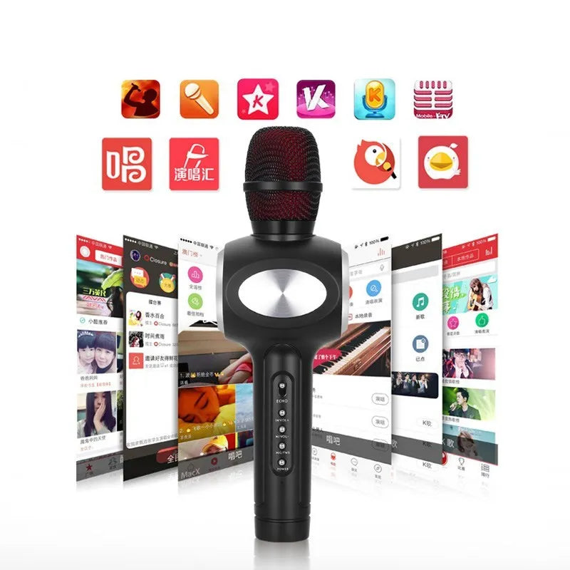 Yaerjia E108 black portable karaoke microphone with built-in speakers and echo effects