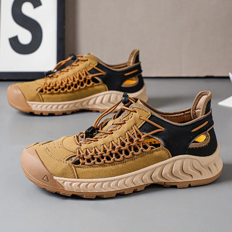 Men's casual sandals with closed toe, hand-woven PU leather upper, and elastic band closure