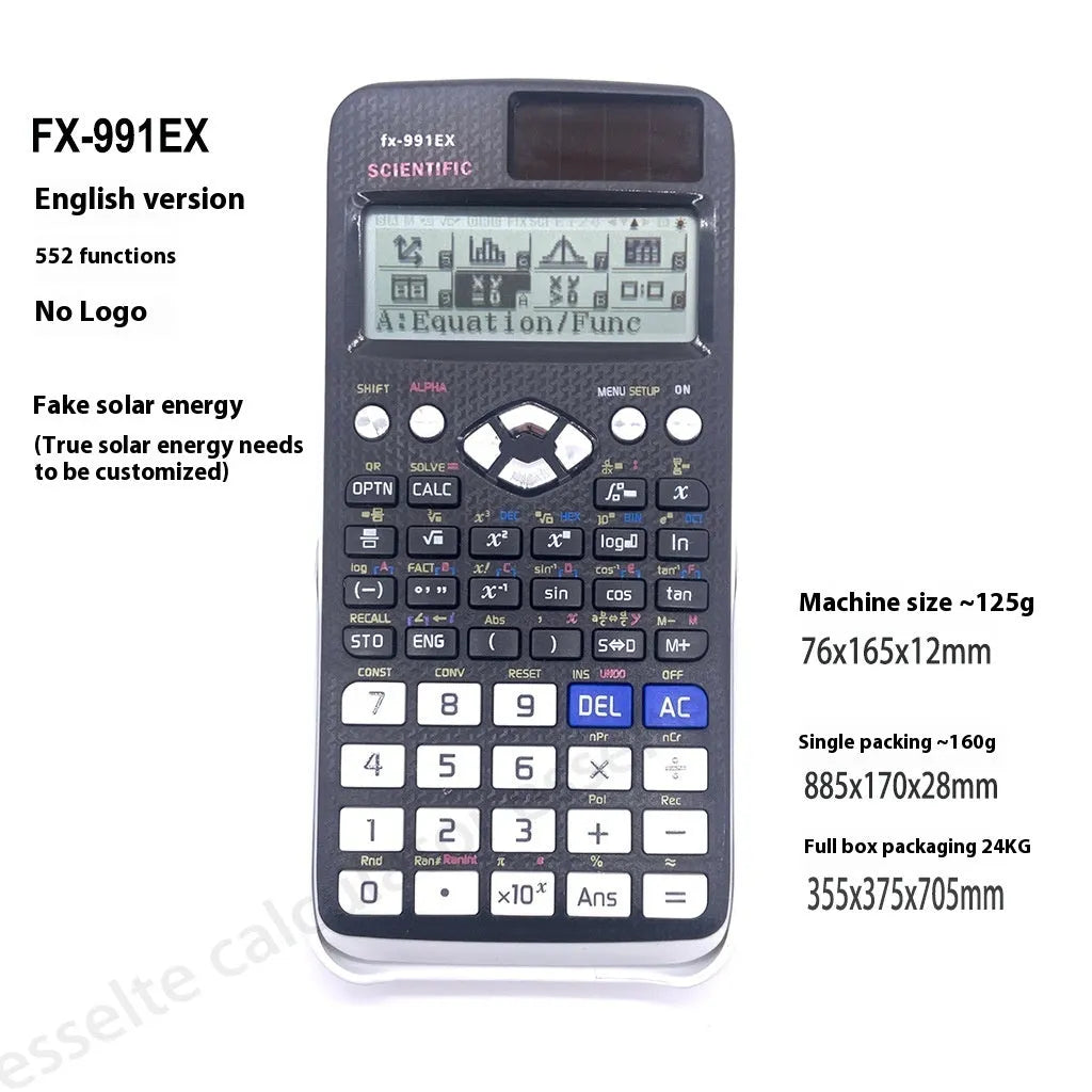 991EX scientific calculator with solar panel and ABS casing in black blue or pink