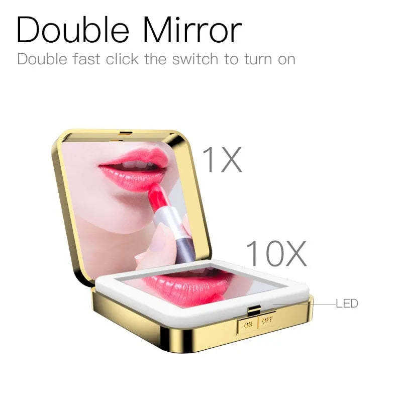 Black and white lighted makeup mirror showing dual HD and 4x magnification panels with adjustable LED lighting.