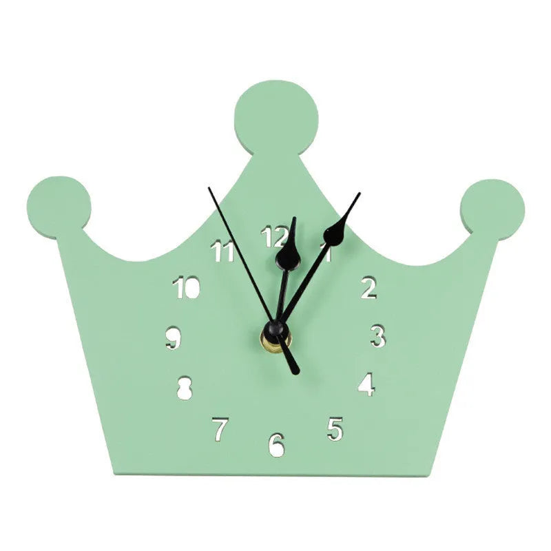 Wooden cartoon wall clock with battery-powered quartz movement in playful animal and shape designs