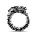 Vintage dragon male ring in ancient silver metal on a plain background.