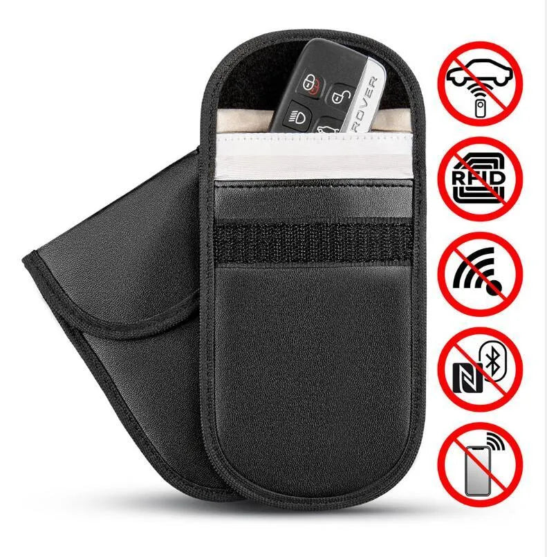 Black microfiber RFID shielding bag for car keys and cards measuring 13.5 by 9.5 cm
