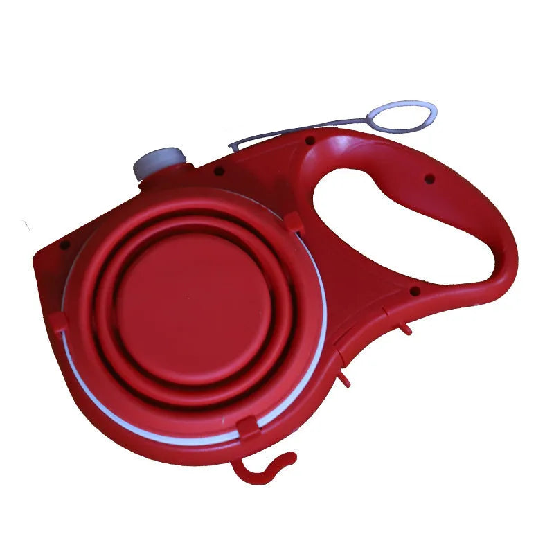 Dog leash with attached water bottle and cup in blue, black and red colour options