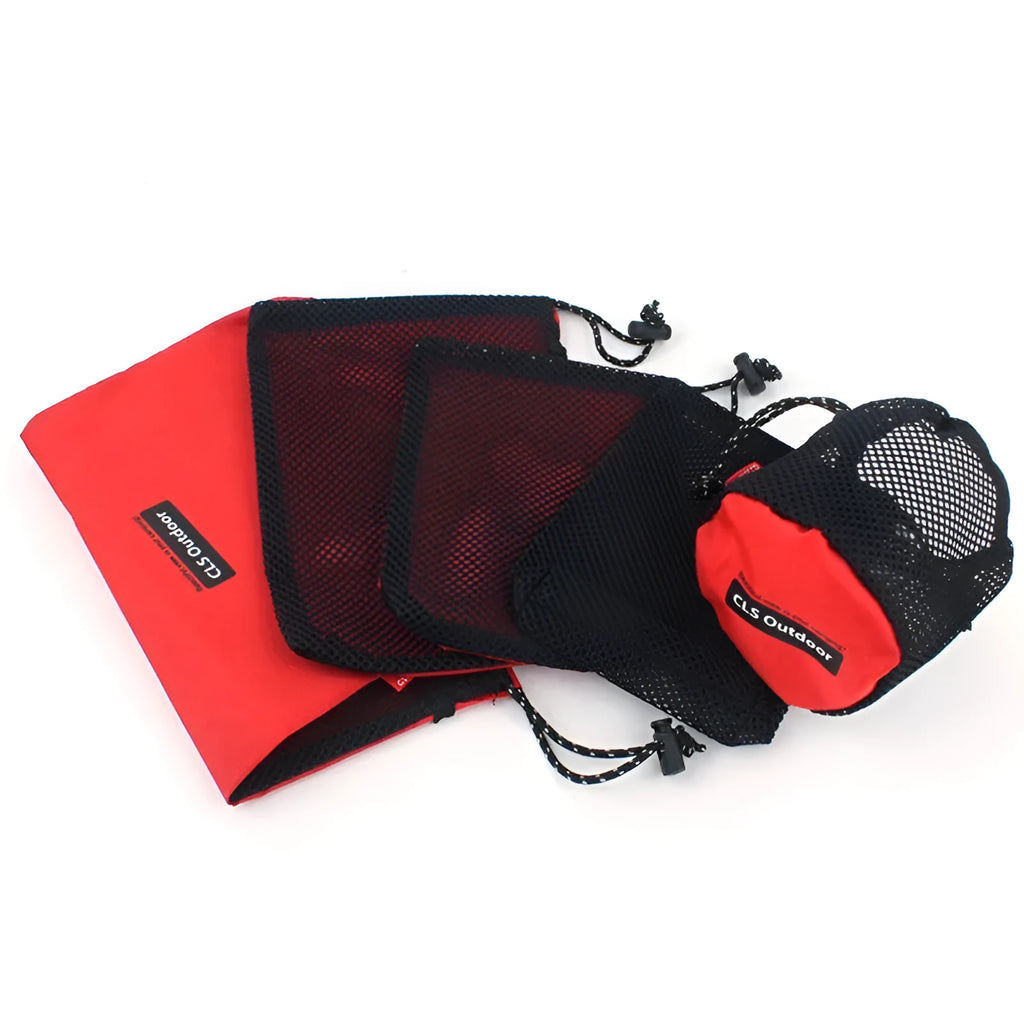 Set of five red Oxford cloth travel storage bags with mesh panels and zippers