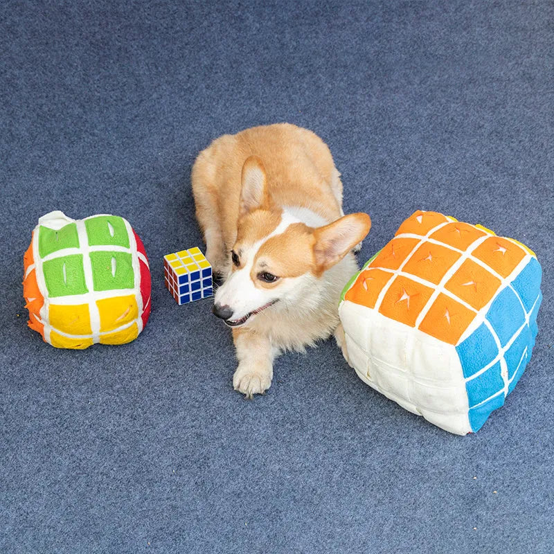 Pet Rubik's Cube sniffing toy made from polar fleece fabric, showing cube with treat compartments, for dogs and cats.