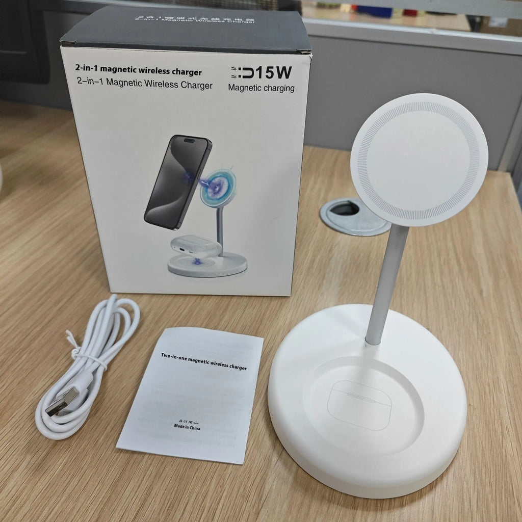 30W vertical wireless charger stand with cooling hole, white colour, holding a smartphone